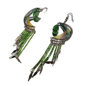 Dreamcatcher Earrings Green Dangle Pierced Tribal with Pink and Yellow 4"